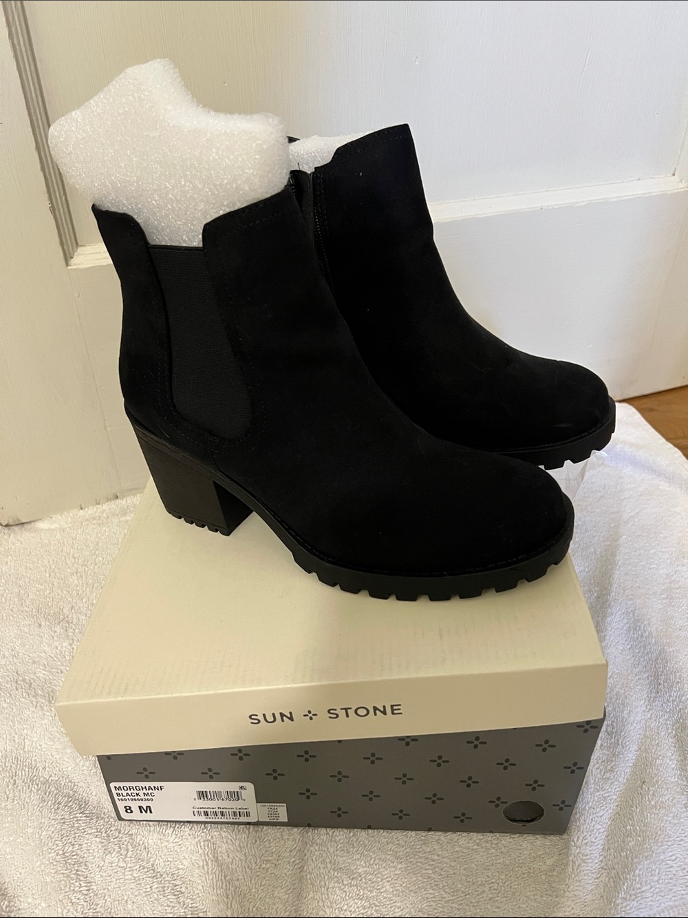 Sun + Stone Black Suede Chelsea Block Heel Booties